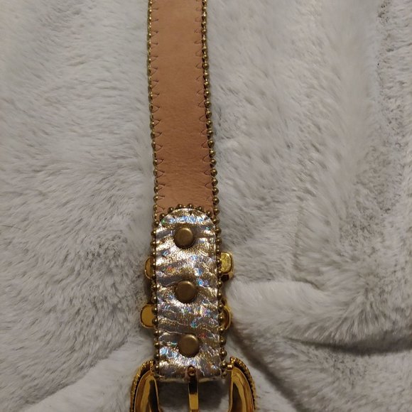 Belts by Simon silver metallic leather large belt with gold hardware main image 8